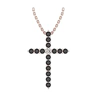 14k Rose Gold timeless cross pendant set with 15 charismatic black diamonds (1/2ct, I1 Clarity) encompassing 1 round white diamond, (.045ct, H-I Color, I1 Clarity), hanging on a 18
