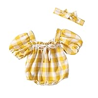 Fashion Clothes for Toddler Infant Girls Short Sleeve Plaid Prints Romper Newborn Bodysuits Headbands Set 0 to18M
