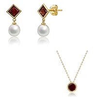 MAX + STONE 14k Yellow Gold Princess Cut Red Garnet Square Stud Earrings and Round Pendant Necklace Set for Women | 5mm with 6mm Freshwater Dangle Pearls | 7mm Birthstone on 18 Inch Cable Chain