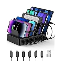 CREATIVE DESIGN Charging Station, 50W 6 Ports Multi Charger Station with 6 Charging Cables, USB Charging Dock for Multiple Devices, Compatible with Cellphone iPad Kindle Tablet and Other Electronic