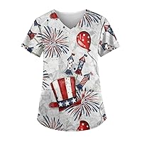 Womens V-Neck Lightweight Blouse Print Top with Pockets Workwear Carer Uniform Tees Casual Short Sleeve T Shirt