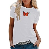 Women's Fashion Colorblock Sleeve Tops Casual Fitting Short Sleeve Tunic Pullover Cute Butterfly Graphic Print Blouses