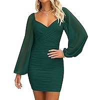 ZESICA Women's Sexy V Neck Ruched Bodycon Mini Dress Puff Long Sleeve Cocktail Wedding Party Short Dresses