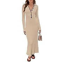 MEROKEETY Women's Long Sleeve V Neck Sweater Dress Button Ribbed Knit Slim Fit Elegant Maxi Dresses