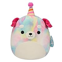Squishmallows Original 12-Inch Delenne Rainbow Tie-Dye Dog with Party Hat - Official Jazwares Plush