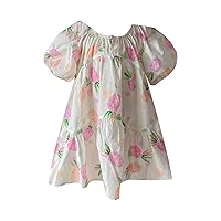 Dresses Toddler Girl 4t Trim Round Neck Puff Sleeve Flared A Line Dress Stretchy Sundress