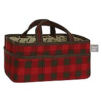 Northwoods Storage Caddy - Buffalo Check Body and Handles, Northwoods Animals Scatter Print Lining, Solid Trim, Red, Brown and Green, Two Handles, 12 in x 6 in x 8 in