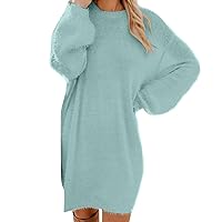 Womens Dresses Fall 2023 Winter Sweater Plush Knit Crewneck Warm Long Sleeve Solid Color Casual Sweatshirts Dresses