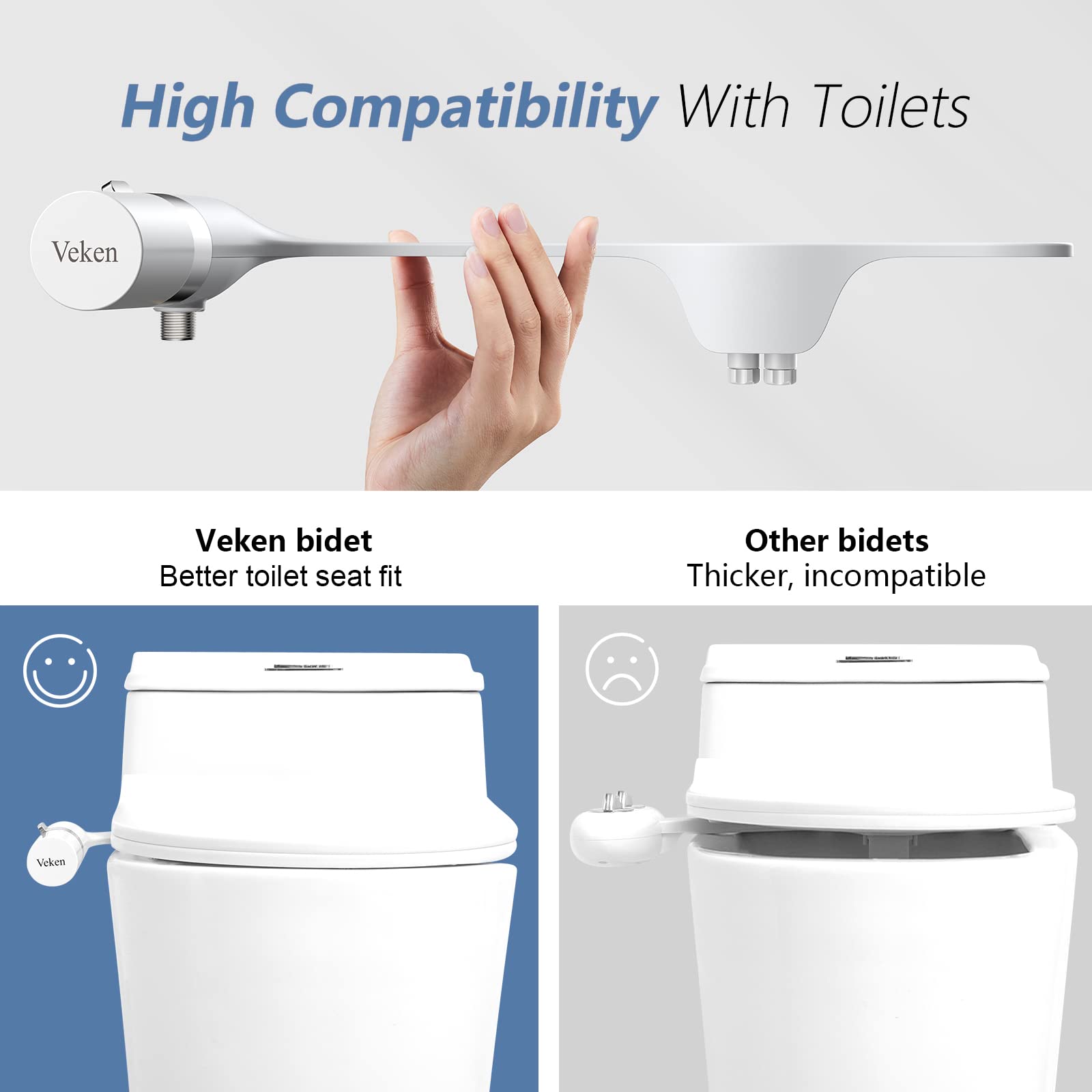 Veken Ultra-Slim Bidet Attachment for Toilet Dual Nozzle (Feminine/Posterior Wash) Hygienic Bidets for Existing Toilets, Adjustable Water Pressure Cold Water Sprayer Baday with Stainless Steel Inlet