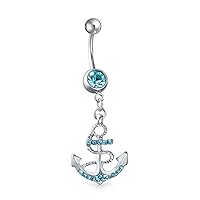 Bling Jewelry Nautical Anchor Dangle Bar Belly Ring For Women Aqua Blue Crystal 316L Stainless Steel 14 Gauge