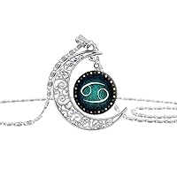 Galaxy Zodiac Necklace Silvery Crescent with Twelve Constellation Glass Dome Necklace