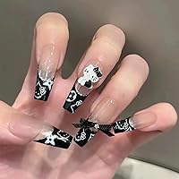 24Pcs Black French Tips Press on Nails Long Square Fake Nails with 3D Bow Cute Nails Charms Design Coffin Nail Tips Full Cover Acrylic Nails Glitter Cartoon Y2K False Nails for Women Girls