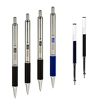 Pen G-402 Stainless Steel Retractable Gel Pen, Premium Metal Barrel, Fine Point, 0.5mm, Black and Blue Ink, 4-Pack Plus Refills, (50072)