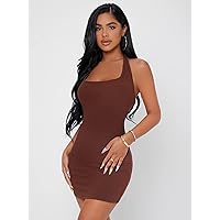 Dresses for Women - Solid Halter Neck Backless Bodycon Dress (Color : Chocolate Brown, Size : XX-Small)
