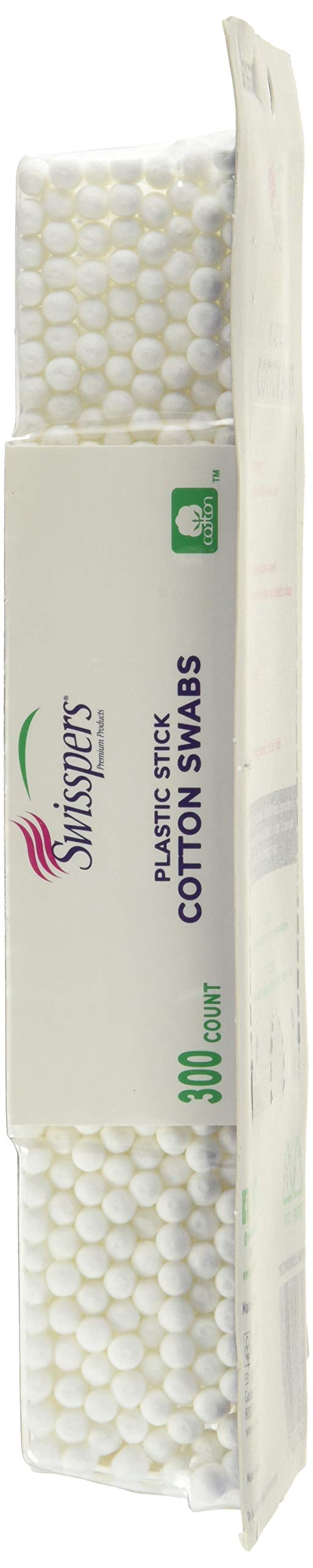 Swisspers Cotton Swabs, 100% Cotton Double-Tipped, White Plastic Sticks, 300 Count Package