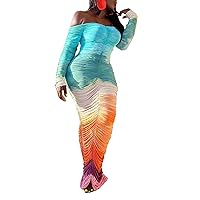 Womens Sexy Off The Shoulder Dress Backless Bodycon Ruched Long Sleeve Gradient Maxi Dresses