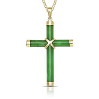 JewelryWeb 14k Yellow Gold Green Jade Cross Necklace for women (20mm x 35mm)(3-lengths)