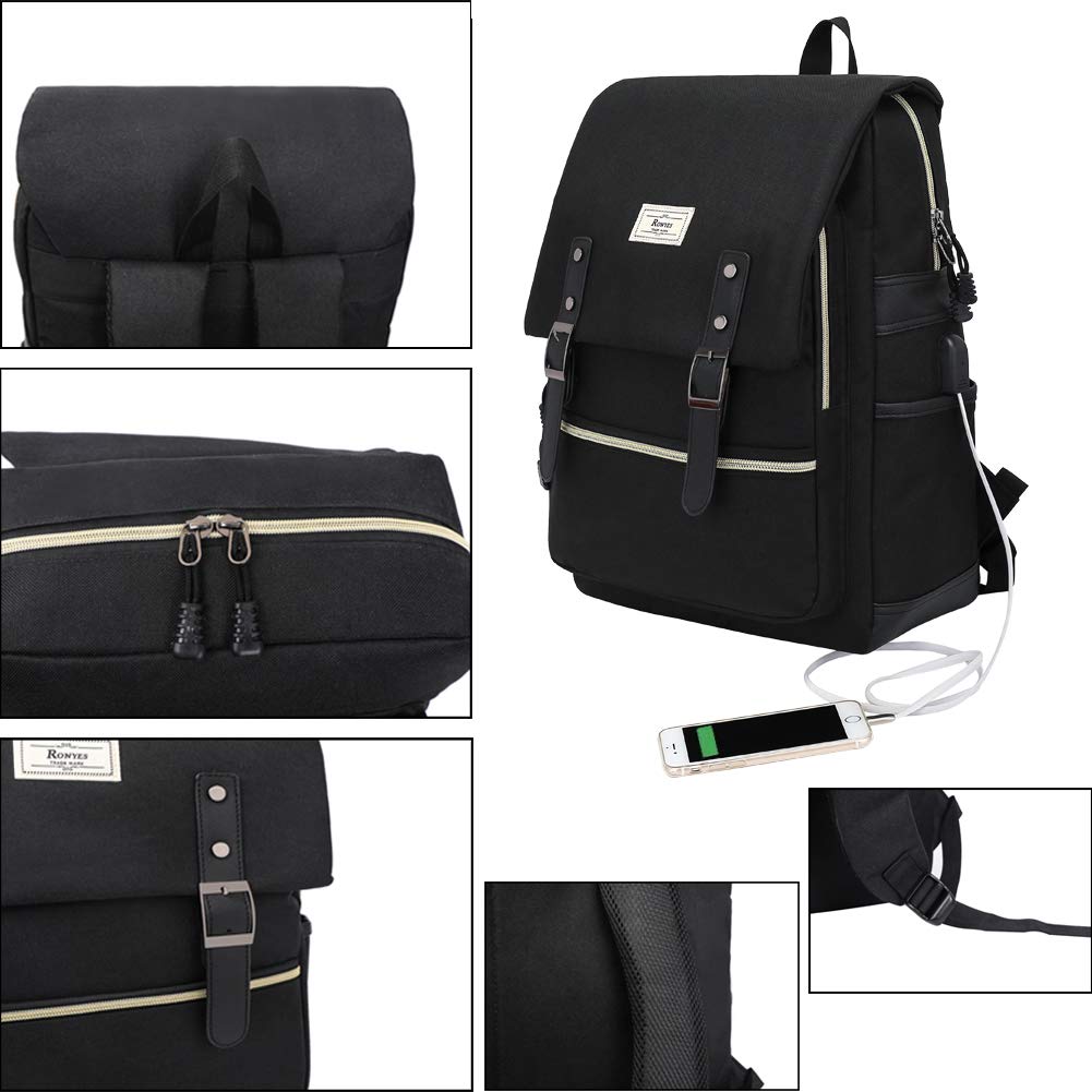 Ronyes Laptop Backpack for Women Unisex Black Backpack for School College 15.6’’ Travel Backpack (AllBlackWithUSB)
