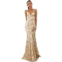 Embroidered Maxi Dress Sling V-Neck Backless Sequined lace-up Dress Bodycon Evening Dress Flowy Deep V Neck