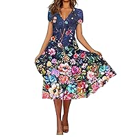 Vacation Dresses for Women, 2024 Spring Summer Short Sleeve Midi Dress Casual Boho Floral Print Ruffle Dresses Cruises Women Professional Dresses Maxi with Dresses Short (3XL, Dark Blue)