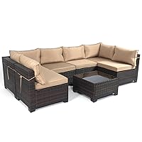 7 Pieces Outdoor Patio Furniture Sets,Rattan Conversation Sectional Set,Manual Weaving Wicker Patio Sofa with Tea Table