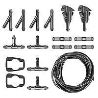 17 PCS Windshield Glass Washing Kit, 5M/16.4Ft Hose + 12 Connectors + 2 Fan Nozzles + 2 Rubber Gaskets, Wiper Nozzle, Windshield Washer Nozzle, Compatible with Chrysler Jeep Dodge (Black)