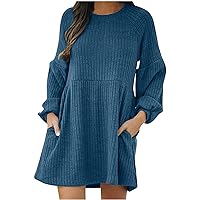 Womens Ribbed Knit Babydoll A-Line Dress with Pockets 2023 Fall Crewneck Patchwork Long Sleeve Mini Sweater Dresses