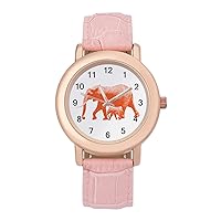 Elephants Print Womens Watch Round Printed Dial Pink Leather Band Fashion Wrist Watches