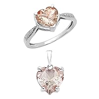 Heart Shaped Morganite Pendant (Chain Not Included) & Ring Matching Set in 14K White Gold