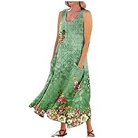 Midi Dresses for Women Summer Casual Fashion Printed Sleeveless Round Neck Pocket Dress