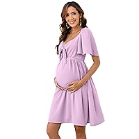 Maternity Dresses for Baby Shower Women's Knotted V Neck Knee Length Wrap Baby Shower Dress