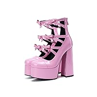 Frankie Hsu Lolita Women's Large size Bow Strap Pink Patent Leather Platform Chunky Block High Heels Ankle Heeled Boots Shoes