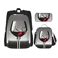 Wine Glass Print 3 In 1 Set With Lunch Box Pencil Bag Backpack Bookbag Set Casual For Gym Beach Travel