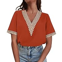 Womens 3/4 Sleeve Sexy Summer Tops 2024 Trendy Lace Trim V Neck Chiffon Cute Blouses for Women Business Casual Outfits Going Out Tops Dressy Shirts Red Small Three Quarter Sleeve Tops