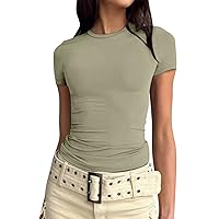 Women's Casual Sexy Going Out Crop Tops Slim Fit Short Sleeve Crewneck Tight Shirts Comfy Y2K Tops Fashion 2024