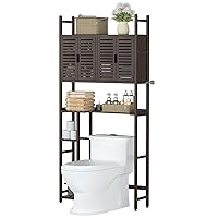 Over The Toilet Storage Cabinet with Toilet Paper Holder Stand,Bamboo Bathroom Organizer Shelf with Four Door and Waterproof Feet Pad,Space Saver Storage Rack with Anti-Tip Design (Brown)