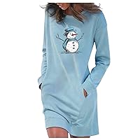 Women's Christmas Dress Dress Casual Solid Color Long Sleeve Round Neck Pocket Dress Merry, S-2XL