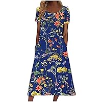 Long Dresses for Women 2024 Summer Floral Print Short Sleeve Maxi Dress Casual Boho Bohemian Beach Dress with Pocket