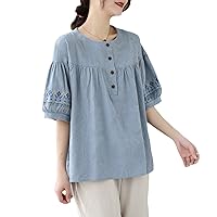 Half-Open Round Neck Embroidery Short-Sleeved Shirt Women's Summer New Loose Embroidery top Lantern Sleeve Shirt
