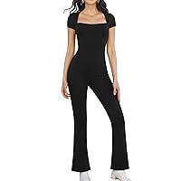Flare Jumpsuits for Women Full Body Length Bodysuit Short Sleeve Square Neck One Piece Bodycon with Tummy Control