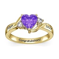 10K/14K/18K Solid Gold Custom Class Ring High School College Graduation Ring Personalized Birthstone Ring with Name Graduation Gifts for Women Girls Graduates (with Gift Box)