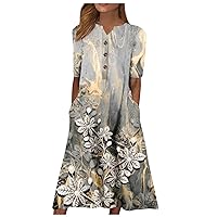 Dresses for Women 2023 V-Neck Short Sleeve Dress Print Casual Dress with Pockets Summer Dresses