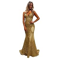 Maxianever Plus Size Lace Bodycon Sequin Mermaid Prom Dresses Long Sparkly Spaghetti Straps Formal Evening Gowns Backless Gold US20 Plus