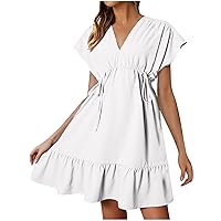 Summer Dresses for Women 2024 Casual Cap Sleeve V Neck Drawstring Babydoll Dress Loose Flowy Ruffle A Line Swing Mini Dress