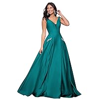 Women's Deep V Neck Satin Prom Maxi Dress Backless A Line Beaded Wedding Guest Dresses with Pockets Z027