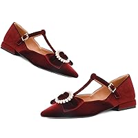 LEHOOR Women Pointed Toe Mary Jane Flats T-Strap Bow Velvet Flat Shoes Pearl Buckle Comfort 1 Inch Low Chunky Heel Dress Shoes Ankle Strap Vintage Elegant Party Wedding Bridal Flats 4-9.5 M US
