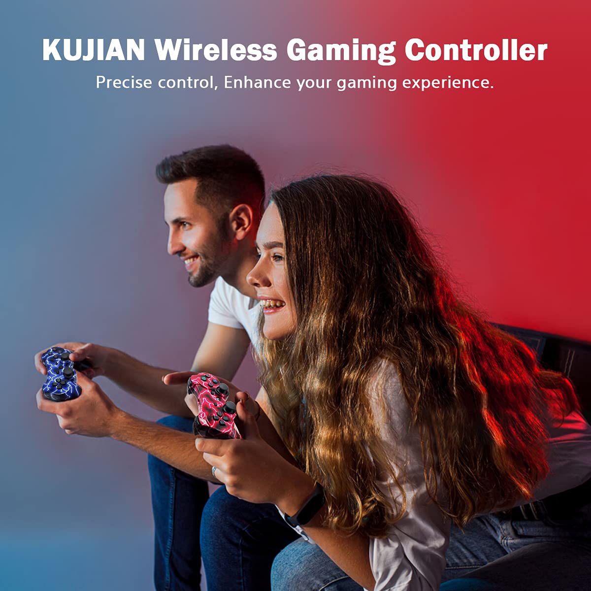 Kujian Controller for PS3 2 Pack Wireless Controller for Playstation 3 6-axis Thunderbolt Style Dual Vibration Gaming Controller with 2 Charging Cord(Red and Blue)