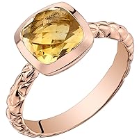 PEORA Citrine Solitaire Dome Ring for Women 14K Rose Gold, Genuine Gemstone Birthstone, 2 Carats Cushion Cut 7mm, AAA Grade, Sizes 5 to 9