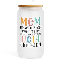 Birthday Gifts for Mom, Mama Women Gift Can Glass Cup with Glass Straw & Lid from Daughter Son, New Mom Cool Great Best Funny Mother's Day Presents for Female, Coffee Wine Cup Present for Christmas