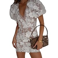 Bodycon Dress Women's 3D Floral Embroidery Dress Sheer Mesh Vneck Neck Lace Bodycon Party Cocktail Mini Dress Short Sleeve